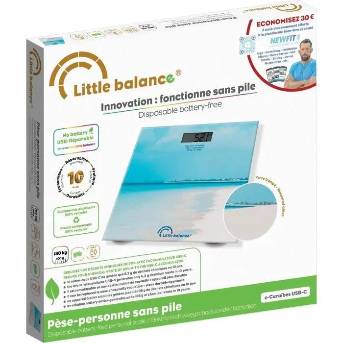 Little Balance Pese-personne USB-C Caraibes, 180 kg max, Précision 100 g, Écran LCD, Plateau Verre Trempé 28x28 cm, Batterie Li-ion Rechargeable, Plastique Recyclé