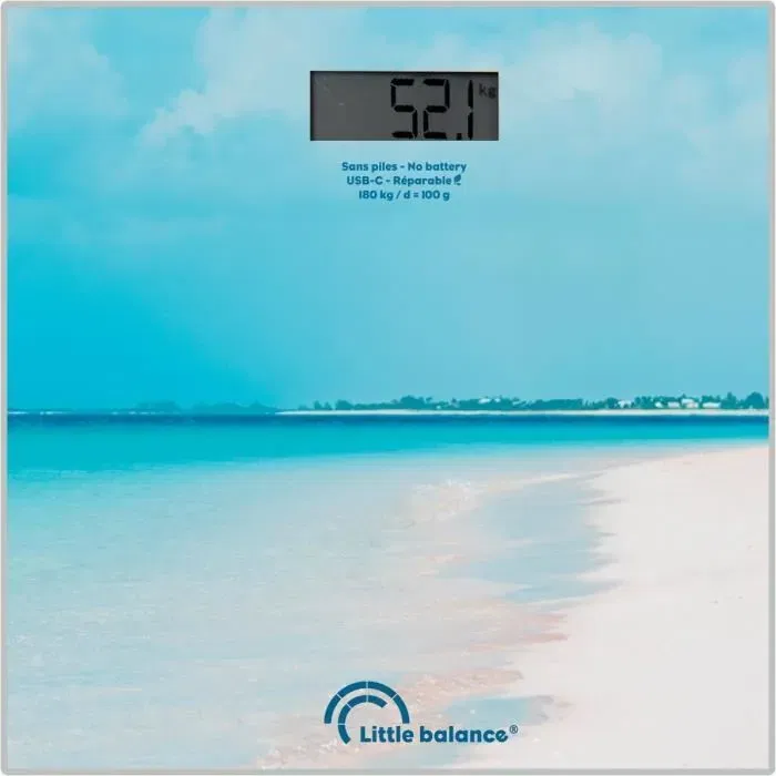 Little Balance Pese-personne USB-C Caraibes, 180 kg max, Précision 100 g, Écran LCD, Plateau Verre Trempé 28x28 cm, Batterie Li-ion Rechargeable, Plastique Recyclé