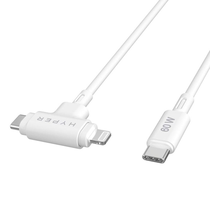 Hyper Câble USB-C vers USB-C/Lightning 1.5 m, Blanc, Charge Rapide 60W, MFi, pour iPhone/iPad/Android