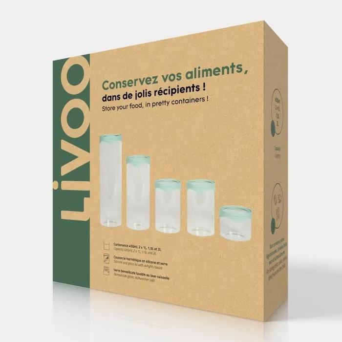 Livoo MEN399 - Set de 5 bocaux de conservation en verre borosilicaté, 450 ml chacun, avec couvercle silicone et verre