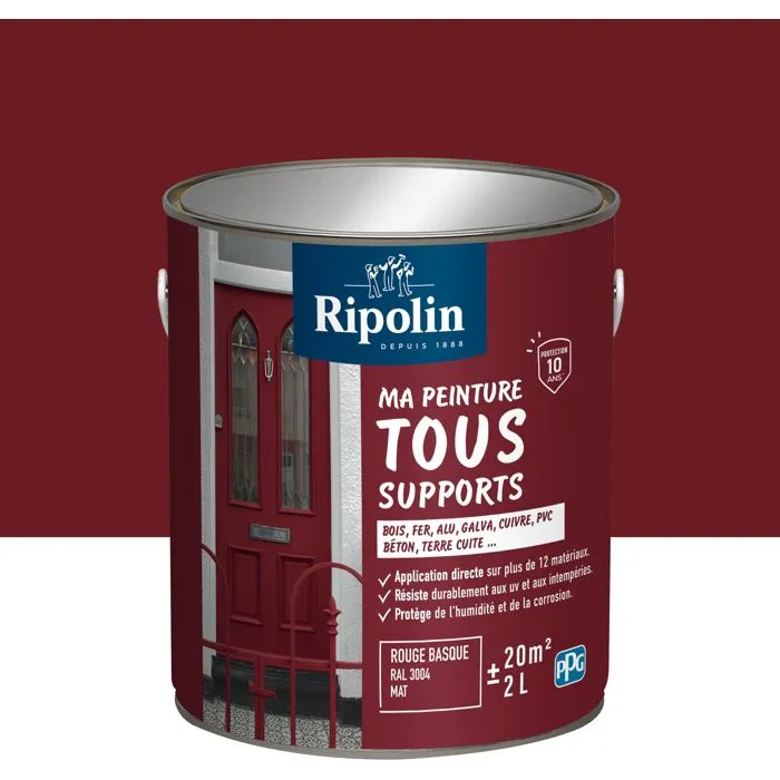 Ripolin Peinture Multi-Supports Couleur Rouge Basque RAL 3004 Mat 2 Litres - Pour Bois, Métal, Béton - Résistante aux UV et Intempéries