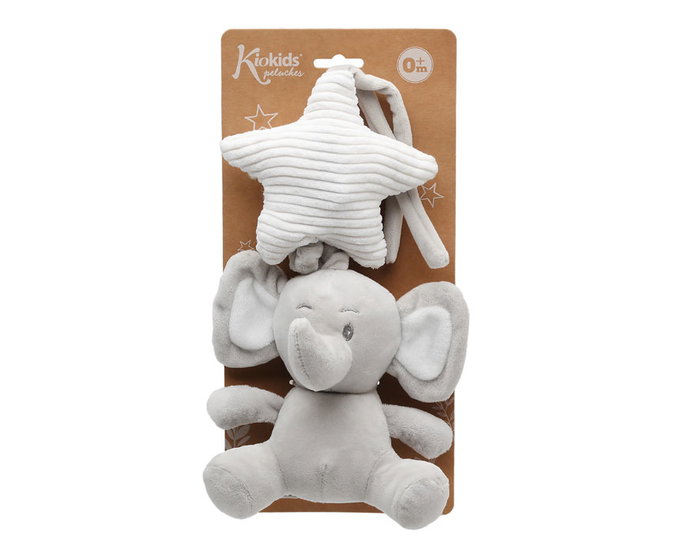 KioKids Peluche musicale éléphant gris Dolci amici pour berceau et poussette, jouet en polyester pour nouveau-né dès la naissance, mécanisme à remontoir