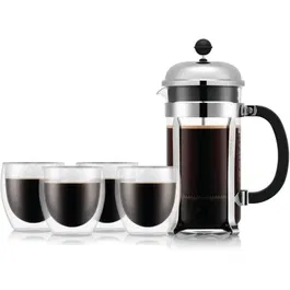 Bodum Cafetière à piston Chambord Set 8 tasses 1.0 litre + 4 verres double paroi Pavina 25 cl
