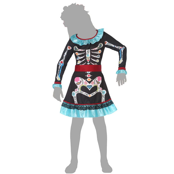 Déguisement Fille Squelette Coloré Fiesta Mexicaine des Morts Halloween Taille 10-12 Ans