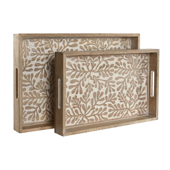 Home ESPRIT Jeu de 2 plateaux apéritif Blanc et Naturel en bois de manguier et MDF, 44 x 29 x 5 cm