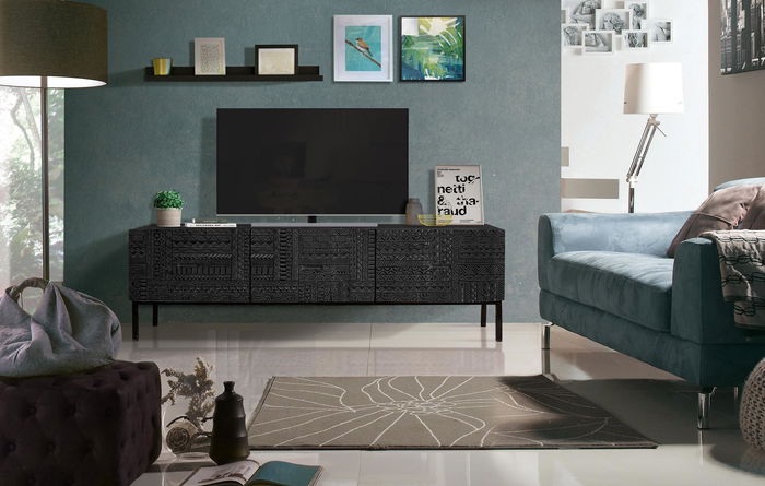 GINER Y COLOMER Buffet TV en bois de manguier massif avec sculpture hiéroglyphe et pattes en fer laqué noir - 180 x 40 x 55 cm