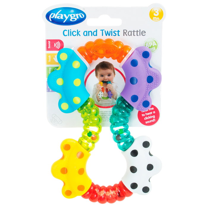 Playgro Sonajero Clik And Twist 0183192 Hochet Bébé Sensoriel Multilingue 3 Mois+