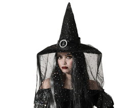 Atosa Chapeau de Sorcière Noir avec Voile et Paillettes Argentées