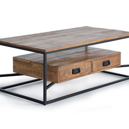 GINER Y COLOMER - Mesa de Centro - Table basse en bois de manguier et métal de style industriel avec 2 tiroirs - 120 x 60 x 45 cm - Coloris Naturel