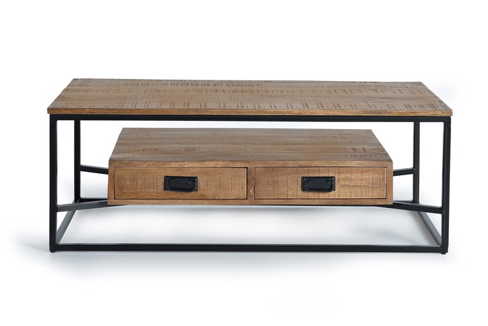 GINER Y COLOMER - Mesa de Centro - Table basse en bois de manguier et métal de style industriel avec 2 tiroirs - 120 x 60 x 45 cm - Coloris Naturel