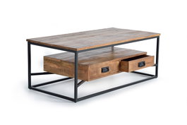 GINER Y COLOMER Table basse en bois de manguier et métal avec 2 tiroirs