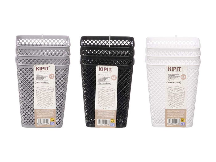 KIPIT Set de 3 organisateurs carrés assortis (Blanc, Gris, Noir)