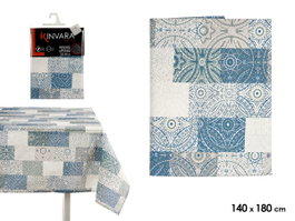 Kinvara Nappe Rectangulaire Loneta Anti-taches 140x180 cm Motif Azulejo Bleu (Set de 6)