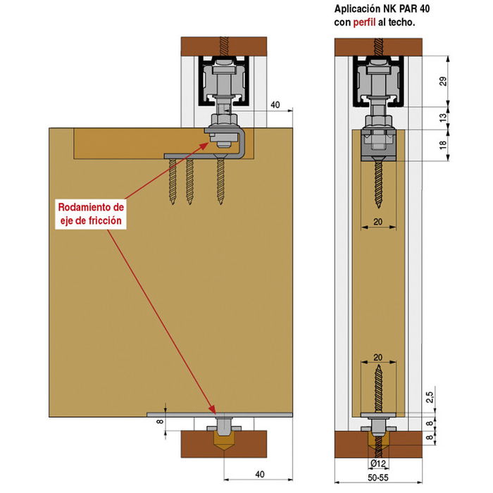 KLEIN 3710 Jeu d'accessoires pour portes coulissantes pliantes 40 kg, mécanisme pour armoires, 2 panneaux pliables, installation au plafond, maximisation de la lumière de passage