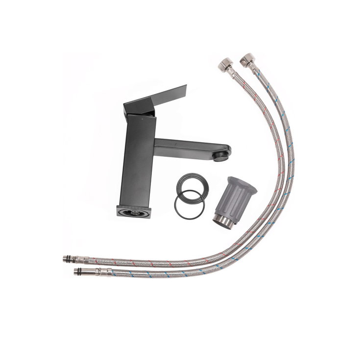 Robinet de salle de bain monomando noir en laiton/zinc avec bec bas