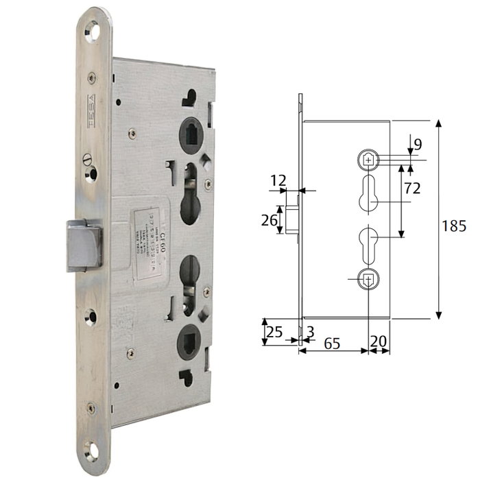 TESA Serrure anti-panique CF60 avec entrée 65 mm et têtière zinguée