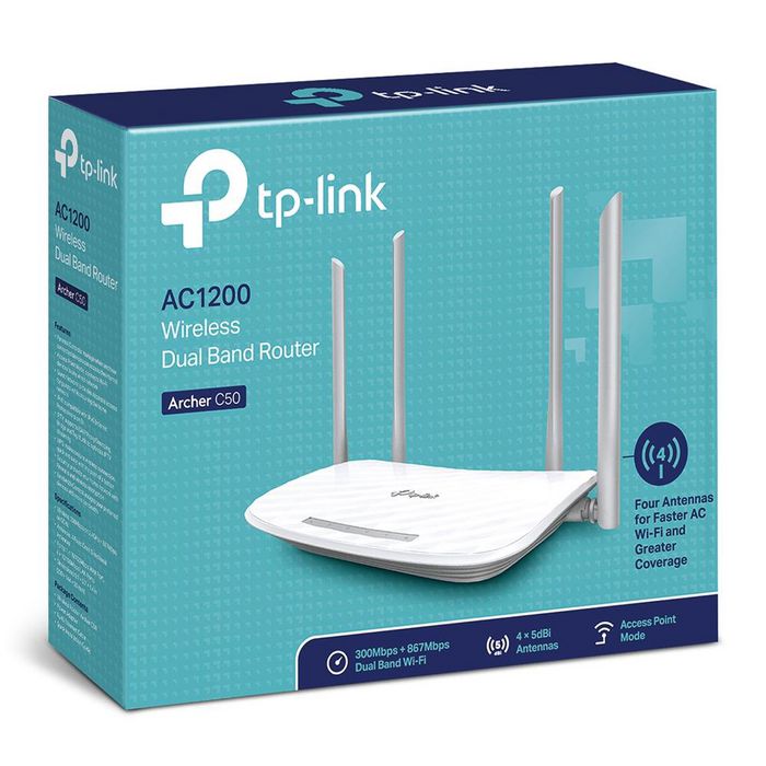 TP-Link Routeur WiFi Dual Band AC1200 Archer C50 - IEEE 802.11ac, 2.4 GHz (300 Mbps) et 5 GHz (867 Mbps), 4 ports LAN, port USB 2.0, 2 antennes externes TP-Link Routeur WiFi Dual Band AC1200 Archer C50 - IEEE 802.11ac, 2.4 GHz (300 Mbps) et 5 GHz (867 Mbps), 4 ports LAN, port USB 2.0, 2 antennes externes