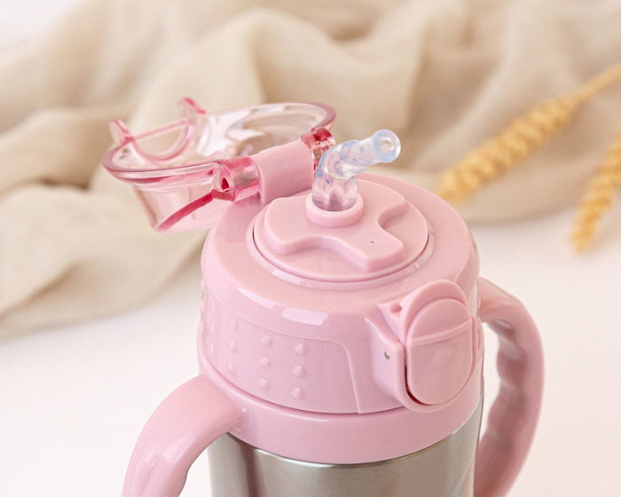 KioKids - Bottle Isotherme en Acier Inoxidable 304 280 mL avec Anses, Paille en Silicone et Bouchon Sécurisé - Sans BPA - Pour Enfants +6 Mois - Rosa Lovely Friends