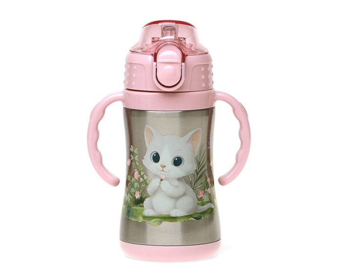 KioKids - Bottle Isotherme en Acier Inoxidable 304 280 mL avec Anses, Paille en Silicone et Bouchon Sécurisé - Sans BPA - Pour Enfants +6 Mois - Rosa Lovely Friends