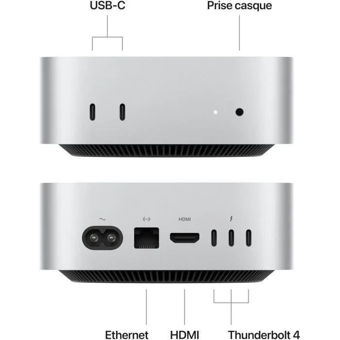 Apple Mac mini (2024) Puce M4 24 Go RAM 512 Go SSD CPU 10 coeurs GPU 10 coeurs Argent