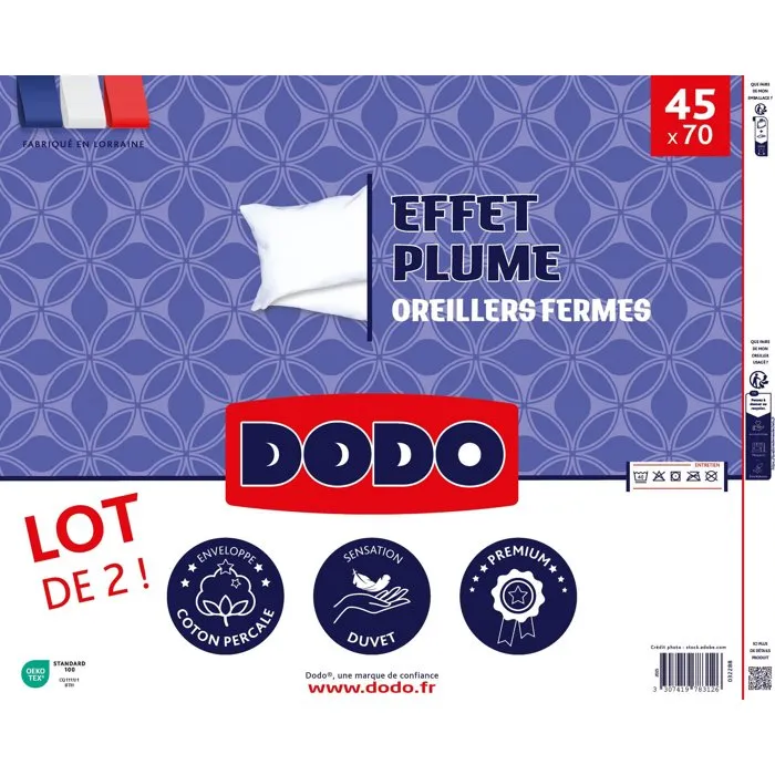 DODO Lot de 2 Oreillers Effet Plume 45 x 70 cm - Garnissage Polyester Doux et Enveloppe Coton - Confort Sommeil