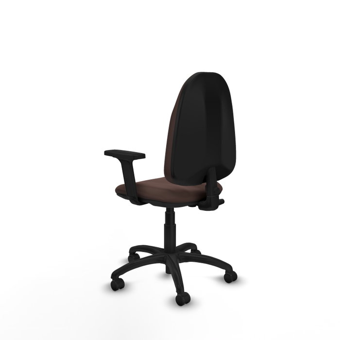 Chaise de bureau Algarra avec mécanisme Contact permanent de base, revêtue de similicuir marron foncé. Équipée d'un piètement en polyamide noir, d'accoudoirs 2D et de roulettes autobloquantes Chaise de bureau Algarra avec mécanisme Contact permanent de base, revêtue de similicuir marron foncé. Équipée d'un piètement en polyamide noir, d'accoudoirs 2D et de roulettes autobloquantes