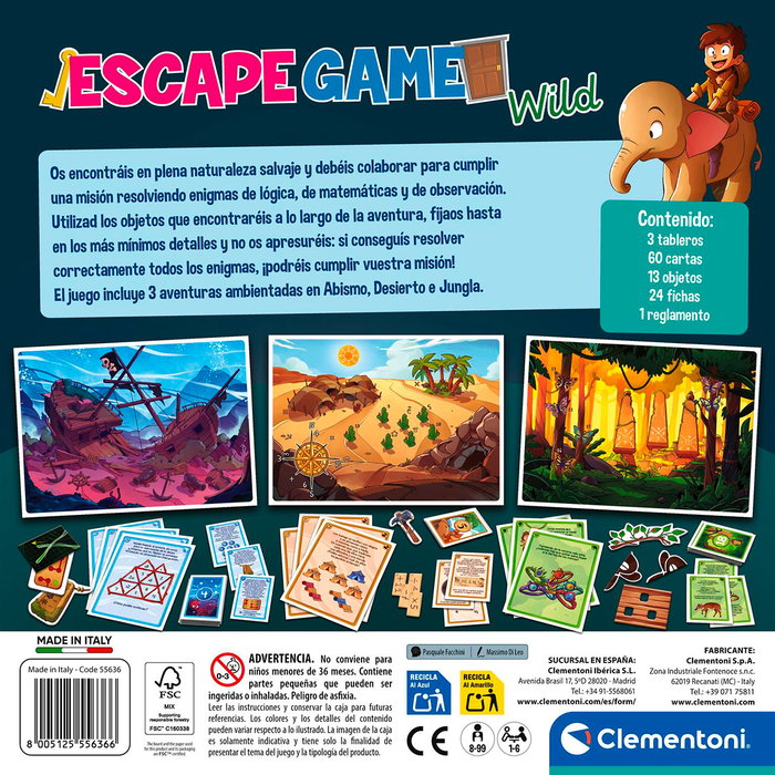 Clementoni - Escape Room, Aventure Sauvage, Jeu de Société avec Énigmes et Puzzles, Recommandé à Partir de 8 Ans
