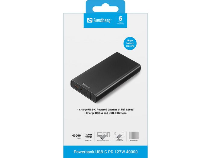 Sandberg Powerbank USB-C PD 127W 40000mAh Aluminium - Charge rapide pour ordinateurs portables et appareils