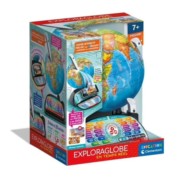 Clementoni Exploraglobe Voyage en temps réel - Globe interactif avec stylo Bluetooth, application et 28 activités éducatives - Pour enfants à partir de 7 ans