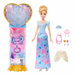 Mattel Poupée Jewel Reveal Disney Cendrillon Princesse avec 8 surprises, boîte à bijoux en cœur, bague enfant et 9 éléments