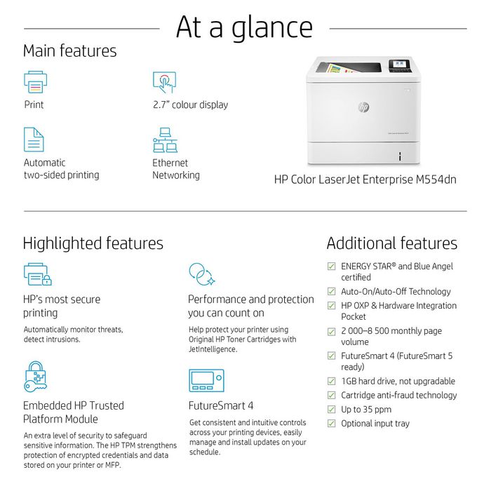 HP Imprimante LaserJet Enterprise M554dn Couleur, 33/35 ppm, Recto-Verso Automatique, Ethernet, Wi-Fi, USB, Écran LCD 2.7", A4 - Noir et Couleur