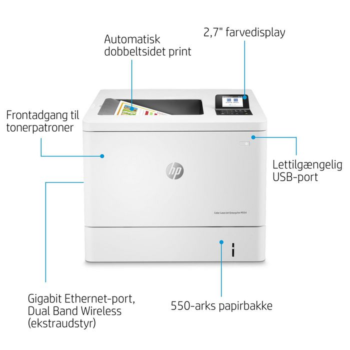 HP Imprimante LaserJet Enterprise M554dn Couleur, 33/35 ppm, Recto-Verso Automatique, Ethernet, Wi-Fi, USB, Écran LCD 2.7", A4 - Noir et Couleur