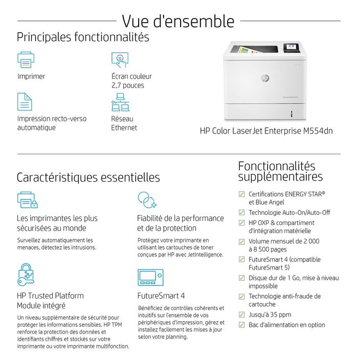 HP Imprimante LaserJet Enterprise M554dn Couleur, 33/35 ppm, Recto-Verso Automatique, Ethernet, Wi-Fi, USB, Écran LCD 2.7", A4 - Noir et Couleur