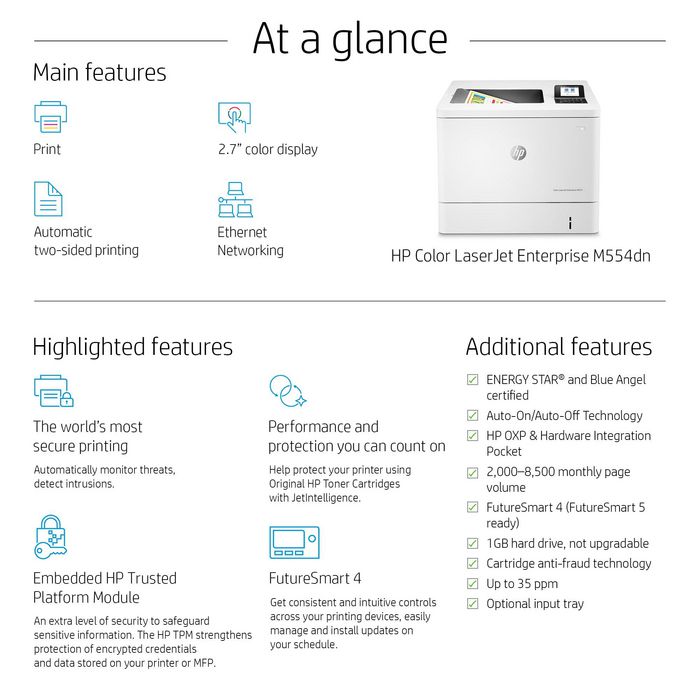 HP Imprimante LaserJet Enterprise M554dn Couleur, 33/35 ppm, Recto-Verso Automatique, Ethernet, Wi-Fi, USB, Écran LCD 2.7", A4 - Noir et Couleur