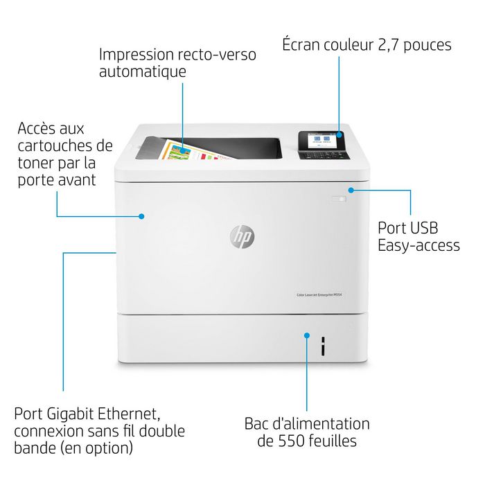 HP Imprimante LaserJet Enterprise M554dn Couleur, 33/35 ppm, Recto-Verso Automatique, Ethernet, Wi-Fi, USB, Écran LCD 2.7", A4 - Noir et Couleur