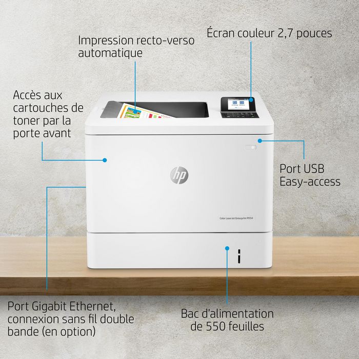 HP Imprimante LaserJet Enterprise M554dn Couleur, 33/35 ppm, Recto-Verso Automatique, Ethernet, Wi-Fi, USB, Écran LCD 2.7", A4 - Noir et Couleur