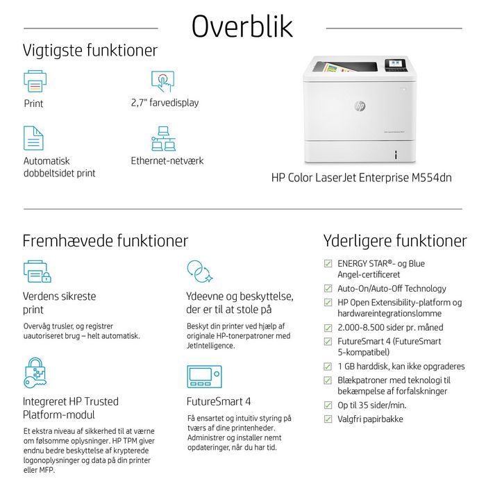 HP Imprimante LaserJet Enterprise M554dn Couleur, 33/35 ppm, Recto-Verso Automatique, Ethernet, Wi-Fi, USB, Écran LCD 2.7", A4 - Noir et Couleur