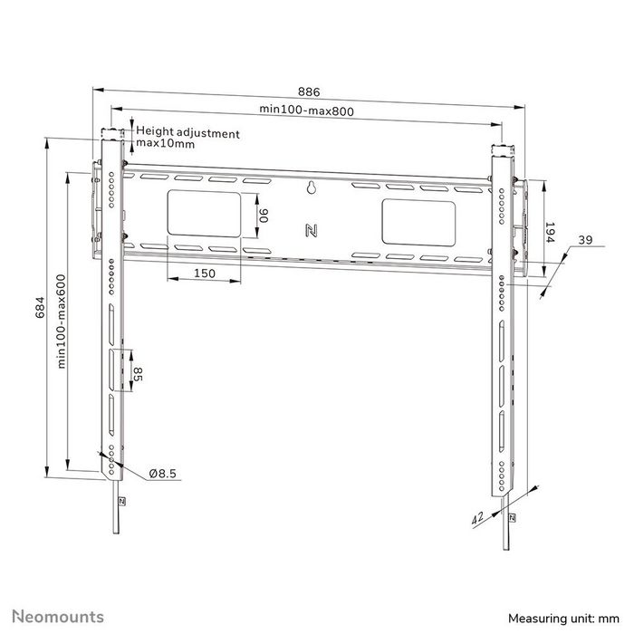 Neomounts WL30-750BL18 Support Mural Fixe LEVEL pour Écran jusqu'à 98", Capacité 125 kg, Compatible VESA 100x100-800x600, Noir