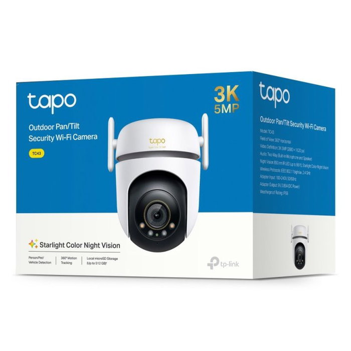 TP-Link Tapo TC43 Caméra de Sécurité WiFi Extérieur 3K 5MP Vision Nocturne Couleur IP66 Audio Bidirectionnel Détection IA