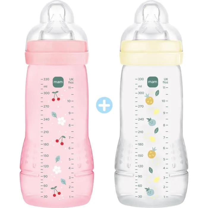MAM Biberons Easy Active Lot de 2 - Tétine Débit X - Pour bébé +6 mois - 330 ml - Couleurs Berry & Pearl MAM Biberons Easy Active Lot de 2 - Tétine Débit X - Pour bébé +6 mois - 330 ml - Couleurs Berry & Pearl