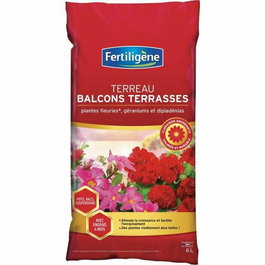 Fertiligene Terreau pour balcons et terrasses 6L - Engrais inclus pour plantes fleuries en pots comme géraniums ou dipladénias - Magnésie pour floraison abondante