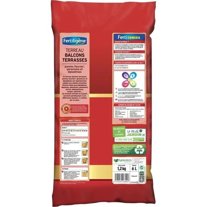 Fertiligene Terreau pour balcons et terrasses 6L - Engrais inclus pour plantes fleuries en pots comme géraniums ou dipladénias - Magnésie pour floraison abondante