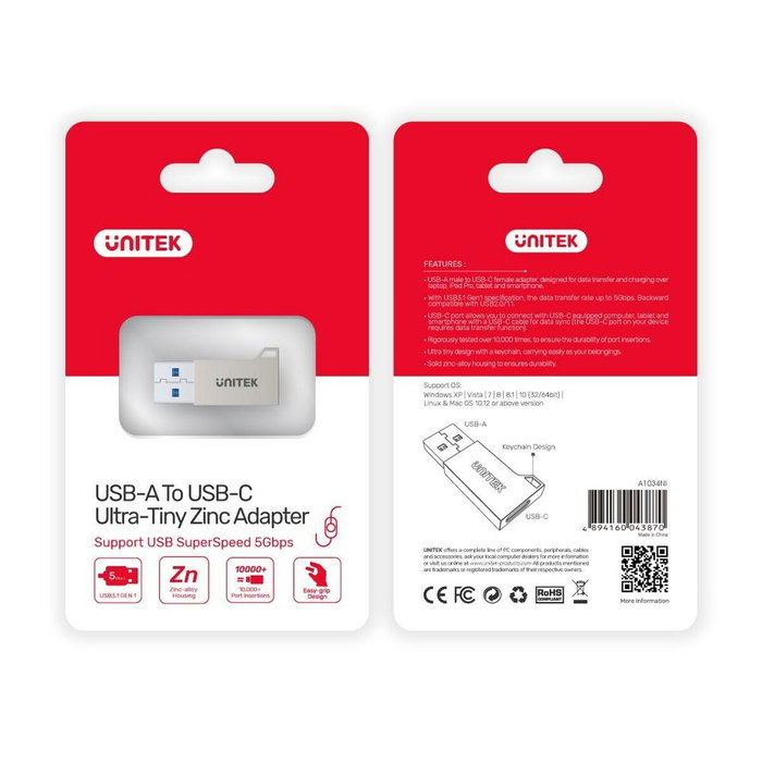Unitek Adaptateur USB vers USB-C A1034NI Argenté Unitek Adaptateur USB vers USB-C A1034NI Argenté