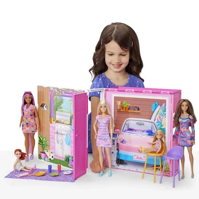 Barbie Maison de vacances HRJ77 - Coffret pliable avec poupée Barbie, 4 zones (cuisine, salle de bains, chambre, cinéma) et 11 accessoires - Jouet pour enfants dès 3 ans