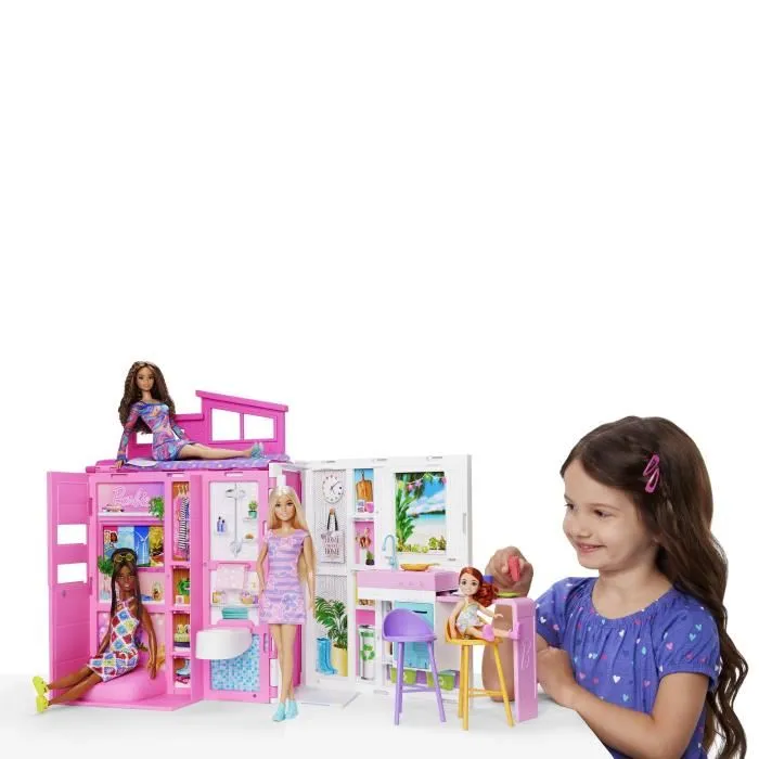 Barbie Maison de vacances HRJ77 - Coffret pliable avec poupée Barbie, 4 zones (cuisine, salle de bains, chambre, cinéma) et 11 accessoires - Jouet pour enfants dès 3 ans
