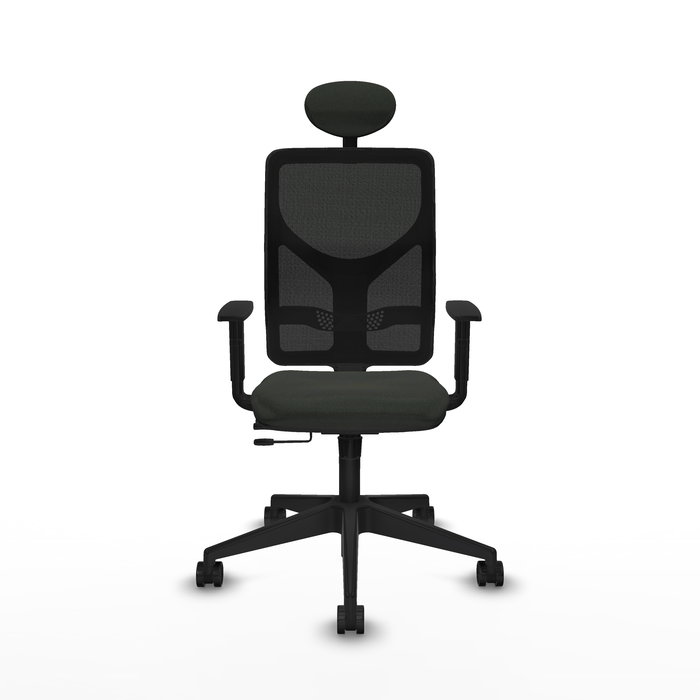 Silla de oficina Motilla con mecanismo Sincro/Traslack tapizada con Tela color Negro. Equipada con lumbar 1D, Brazos 1D, Cabecero Fijo y Ruedas 65mm nailon