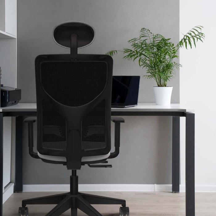 Silla de oficina Motilla con mecanismo Sincro/Traslack tapizada con Tela color Negro. Equipada con lumbar 1D, Brazos 1D, Cabecero Fijo y Ruedas 65mm nailon