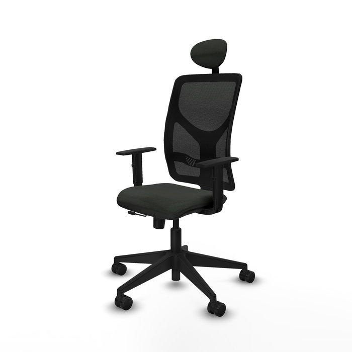 Silla de oficina Motilla con mecanismo Sincro/Traslack tapizada con Tela color Negro. Equipada con lumbar 1D, Brazos 1D, Cabecero Fijo y Ruedas 65mm nailon