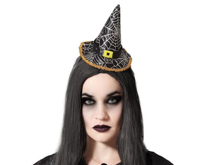 Chapeau de sorcière Halloween noir doré avec décor toile d'araignée - Accessoire déguisement adulte femme Chapeau de sorcière Halloween noir doré avec décor toile d'araignée - Accessoire déguisement adulte femme