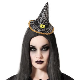 Chapeau de sorcière Halloween noir doré avec décor toile d'araignée - Accessoire déguisement adulte femme